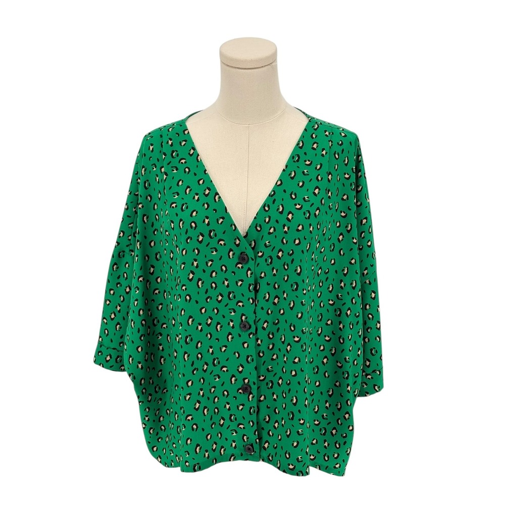 Worthington Green Leopard Print Button Front V Neck Kimono Sleeve Blouse Size XL